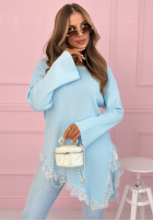 Prążkowany asymetryczny Pulover z koronką Fresh Start albastru azuriu