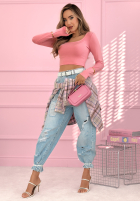 Scurtă prążkowana Bluză z kwadratowym dekoltem Wasn’t Ready roz