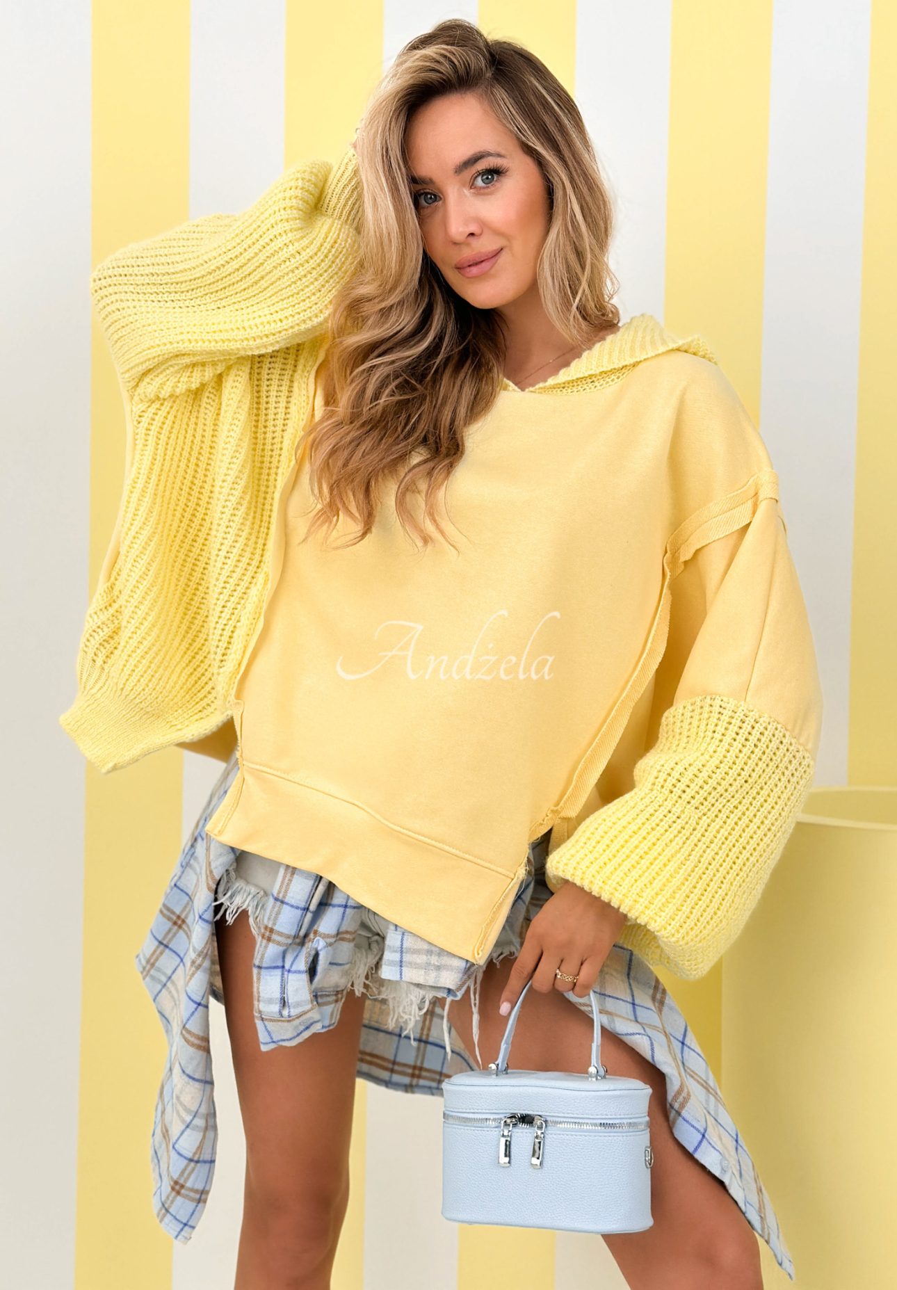 Hanorac din bumbac cu glugă și mâneci din tricot Think About It