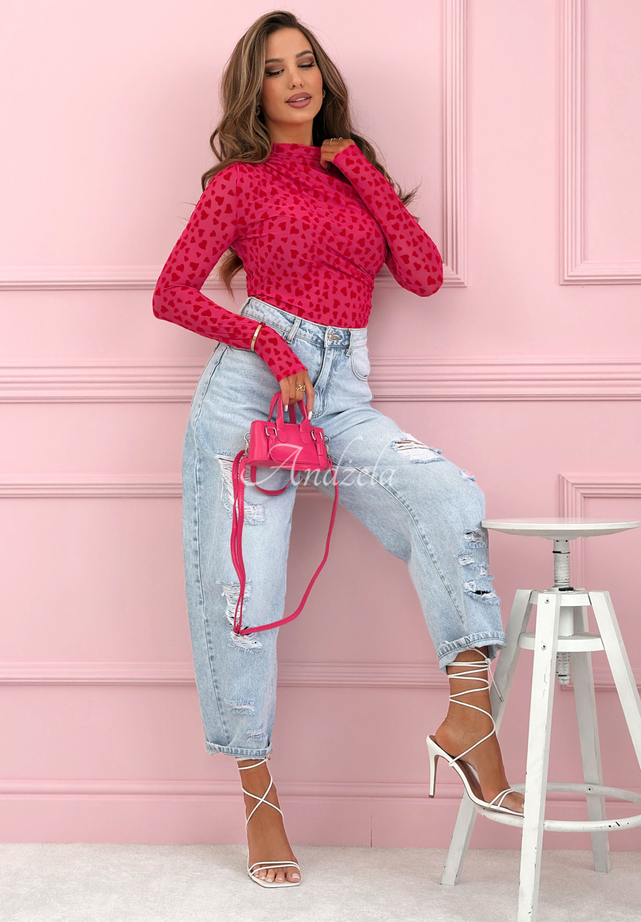 Body din plasă tip longsleeve cu semi-guler în inimioare Broke My Heart