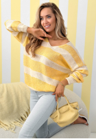 Pulover w paski z dekoltem Springtime Stripes beżowo-roz