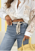 Pantaloni din denim loose fit z paskiem No Time For This albastre