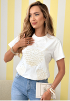 Bawełniany Tricou z nadrukiem i perełkami Ocean Feeling Alb