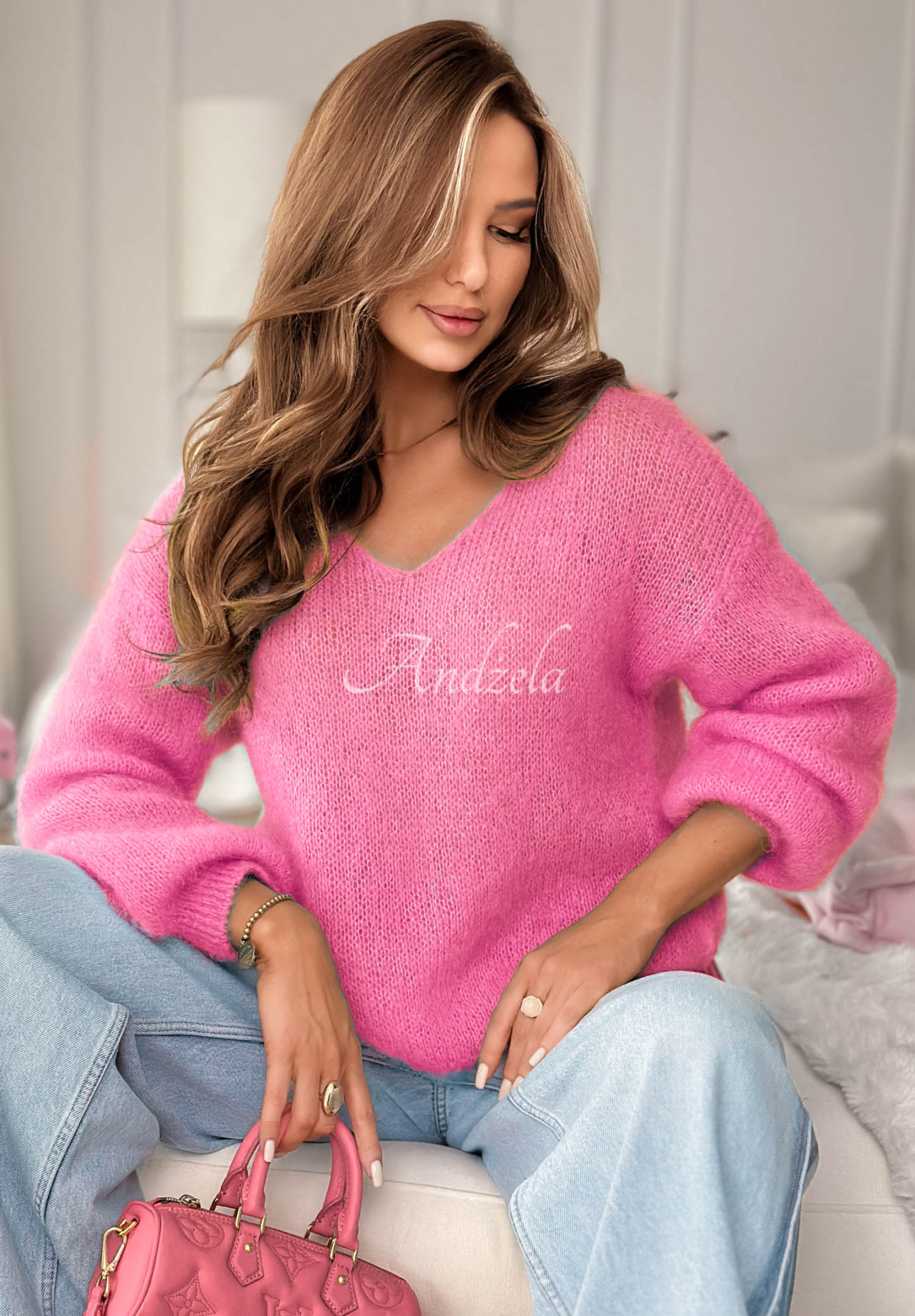 Pulover din mohair cu decolteu în V Sweater Soul