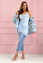 Satynowy Top  z koronką Seductive Lace albastru azuriu
