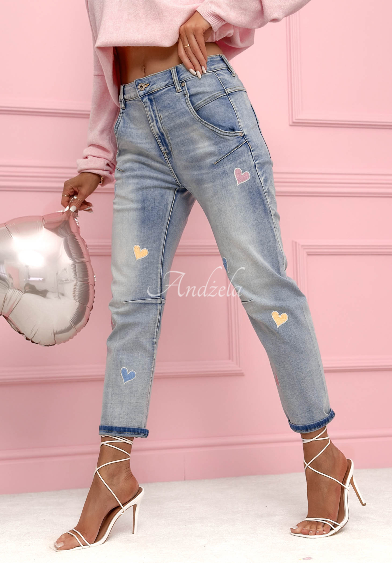 Blugi mom fit cu inimioare Colorful Hearts