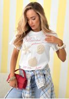 Bawełniany Tricou z haftowanymi muszelkami Gifts From Sea Alb