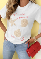 Bawełniany Tricou z haftowanymi muszelkami Gifts From Sea Alb