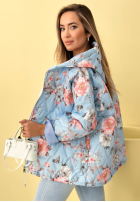 Scurtă pikowana Geacă z kapturem w kwiaty Begonia albastru azuriu