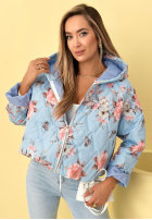 Scurtă pikowana Geacă z kapturem w kwiaty Begonia albastru azuriu