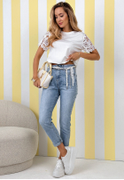 Pantaloni din denim mom fit z paskiem Belle albastre
