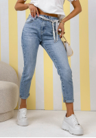 Pantaloni din denim mom fit z paskiem Belle albastre