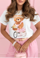 Bawełniany Tricou z misiem Bicycle Bear biało-roz