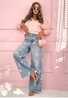 Pantaloni din denim wide leg w kwiaty Florimel albastru deschis