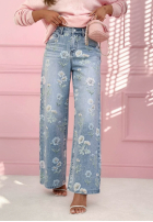 Pantaloni din denim wide leg w kwiaty Florimel albastru deschis
