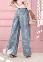 Pantaloni din denim wide leg w kwiaty Florimel albastru deschis