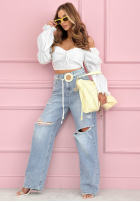 Pantaloni din denim wide leg z przetarciami Morgan albastre