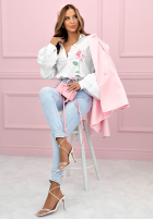 Bawełniana Cămașă z falbankami i haftowaną różą Rosy Declaration albă