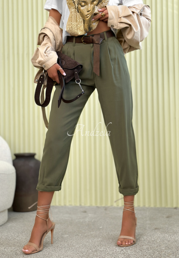 Pantaloni eleganți mom fit din viscoză, cu curea Never Limit Yourself