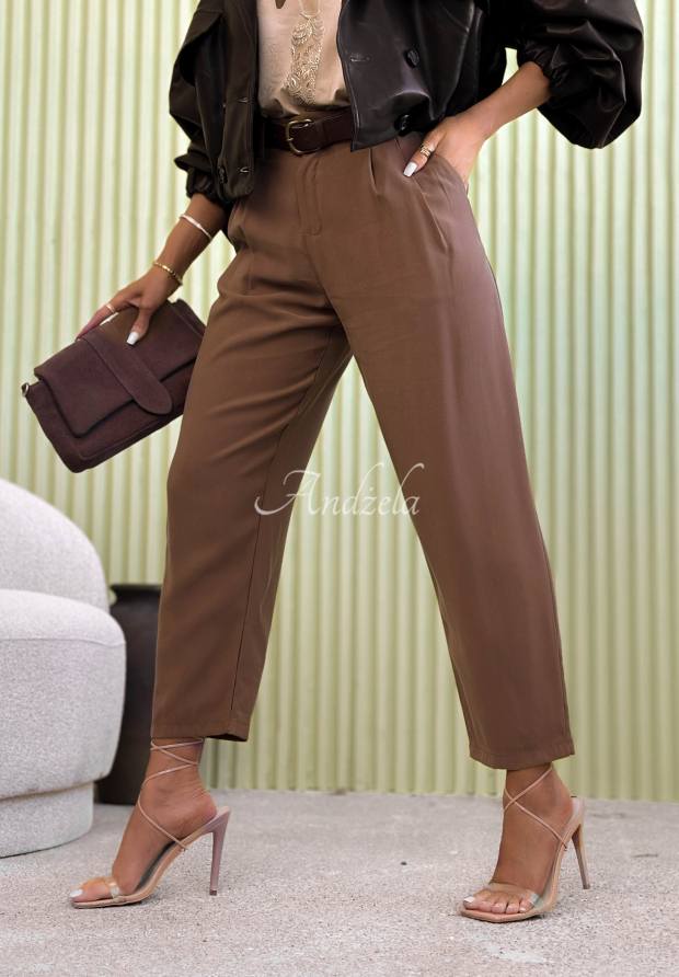 Pantaloni eleganți mom fit din viscoză, cu curea Never Limit Yourself