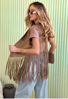 Długa zamszowa Vestă z frędzlami Rocky Mountain ciemnobeżowa