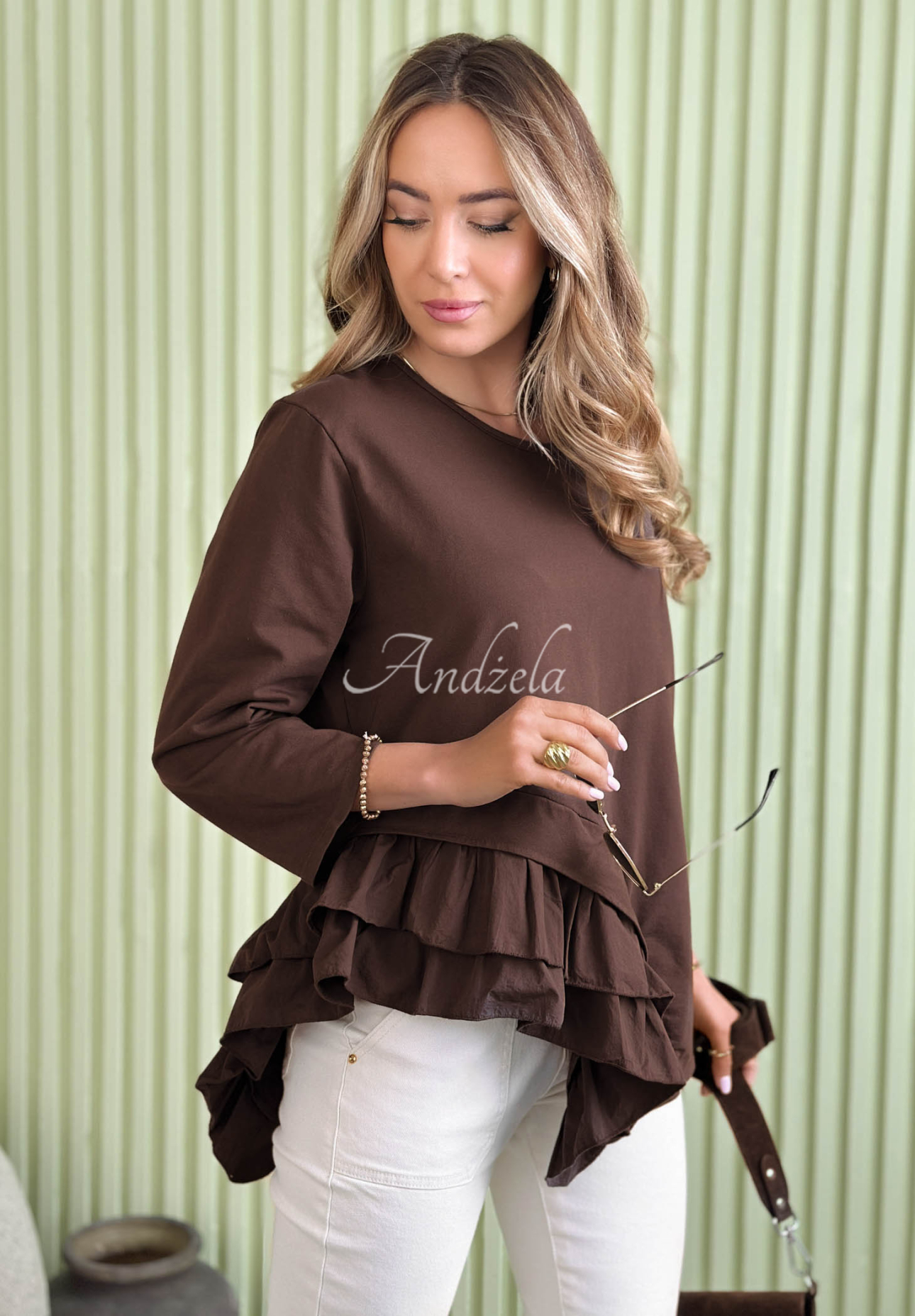 Bluză asimetrică din bumbac cu volănașe Ruffle Lady