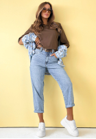 Pantaloni din denim boyfriend z paskiem Make Me Smile albastre