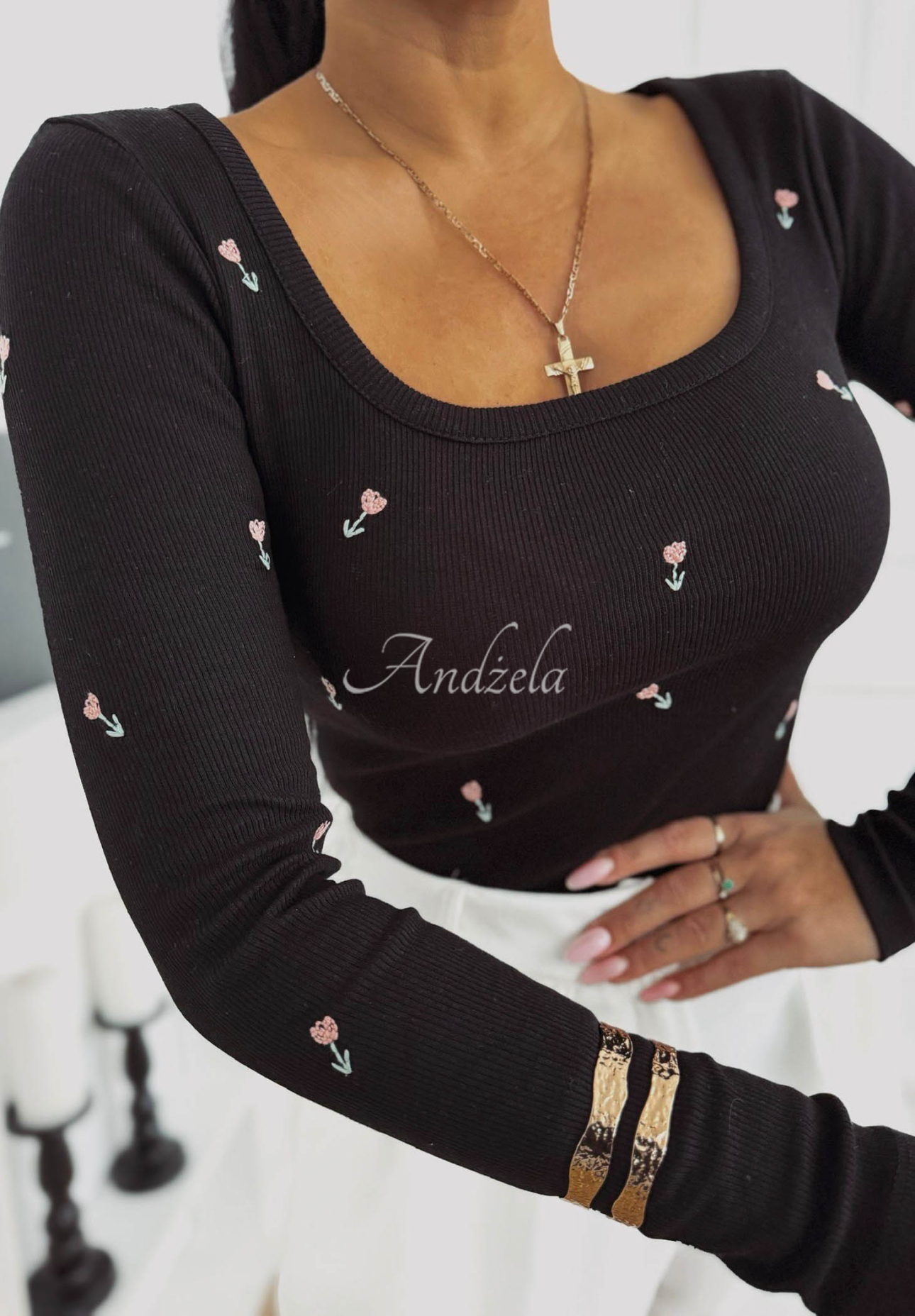 Bluză striată din bumbac cu flori Rosalie