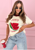 Pulover z naszywką na krótki mânecă Juicy Watermelon ecru