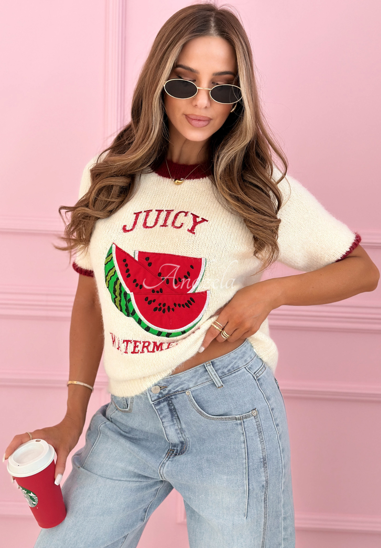 Pulover cu aplicație pe mânecă scurtă Juicy Watermelon ecru