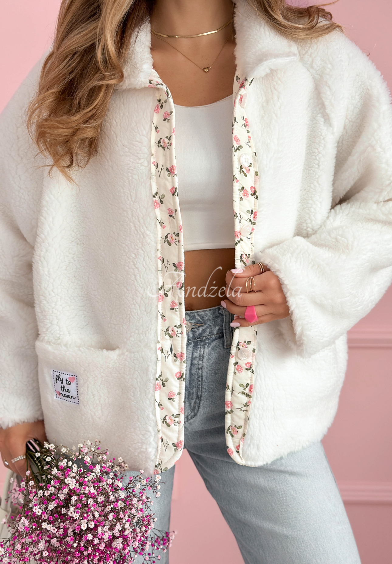 Geacă scurtă din imitație de lână de miel cu căptușeală florală și lână Lilianna