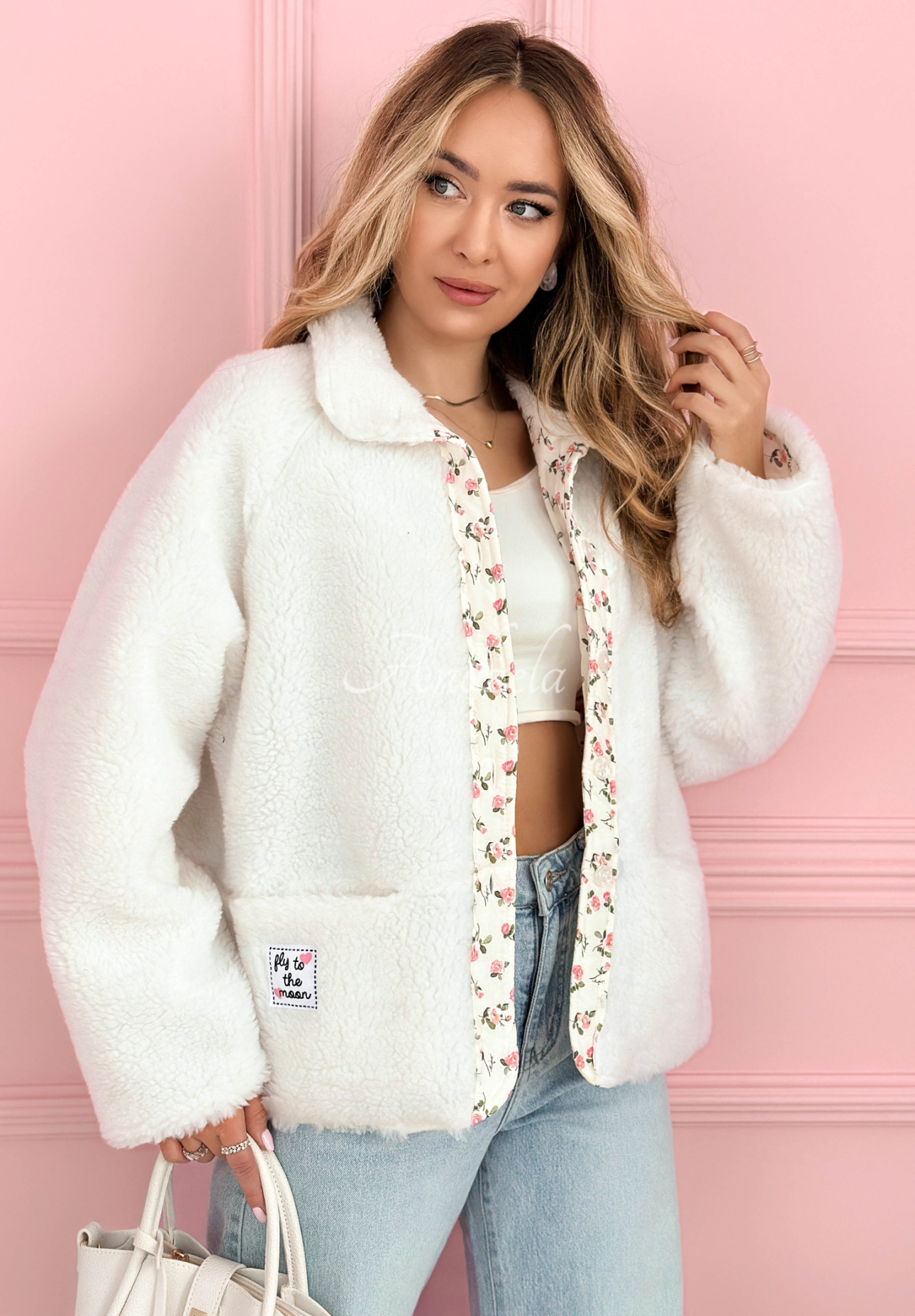 Geacă scurtă din imitație de lână de miel cu căptușeală florală și lână Lilianna