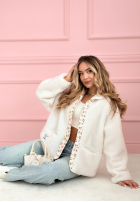 Scurtă Geacă kożuszek z kwiecistą podszewką Lilianna ecru