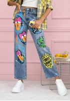 Pantaloni din denim straight z nadrukami Kiss Off albastre