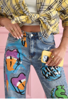 Pantaloni din denim straight z nadrukami Kiss Off albastre