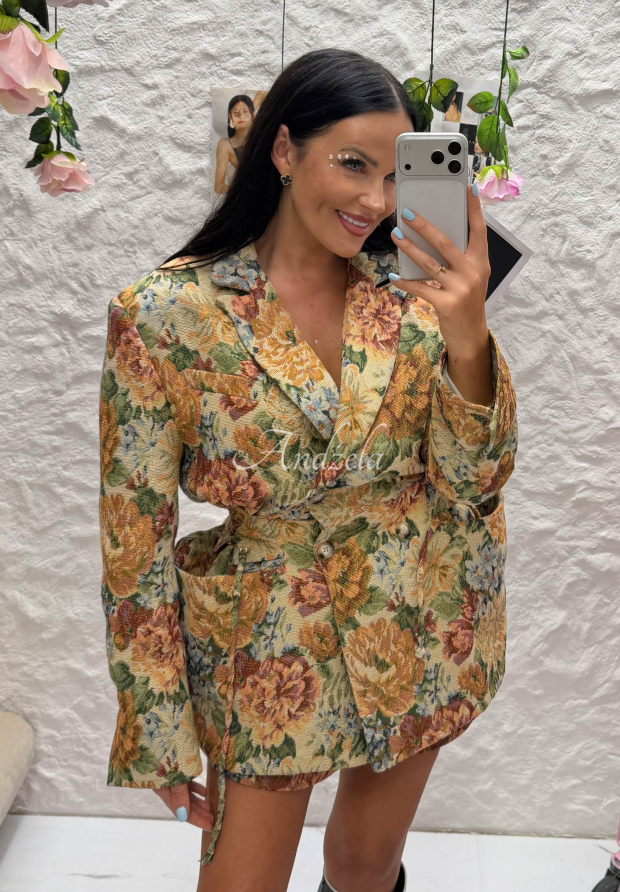 Sacou jacquard din bumbac, cu două r&acirc;nduri de nasturi și imprimeu floral La Milla Kris