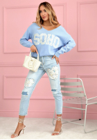 Pulover z dekoltem i napisem Soho roz pudră