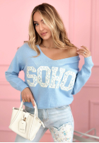 Pulover z dekoltem i napisem Soho roz pudră