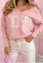 Pulover z dekoltem i napisem Soho roz pudră