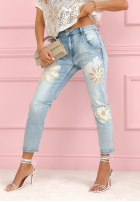 Pantaloni din denim skinny z naszywkami Love Flowers albastru deschis