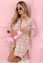 Długa Cămașă oversize w kratę Feeling Springy roz pudră