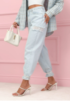 Pantaloni din denim mom fit z przetarciami Socorro albastru deschis