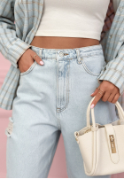 Pantaloni din denim mom fit z przetarciami Socorro albastru deschis