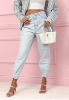 Pantaloni din denim mom fit z przetarciami Socorro albastru deschis