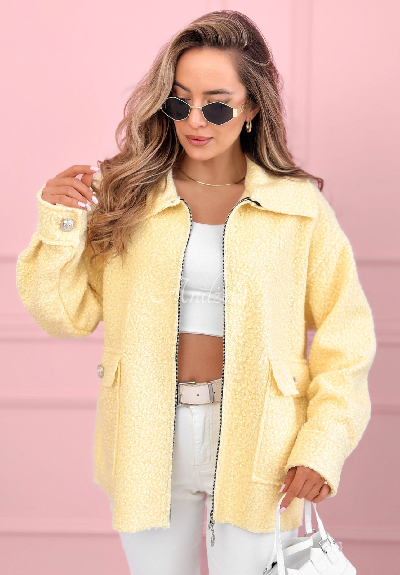 Geacă scurtă tip sherpa din imitație de lână de miel cu lână și viscoză Azalea