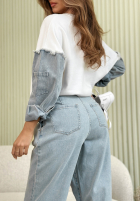 Pantaloni din denim mom fit z zakładkami Stay For Now albastru deschis