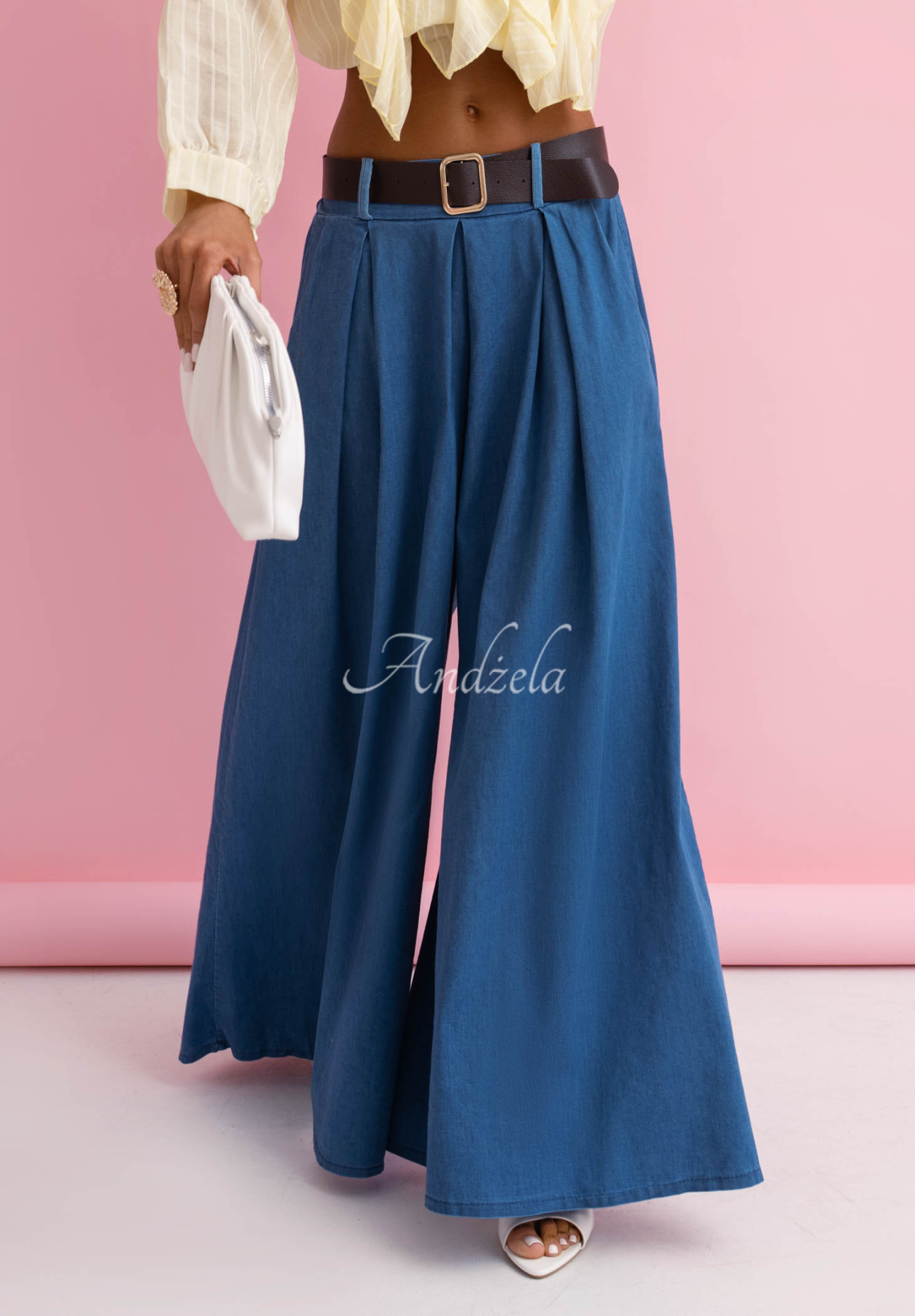 Pantaloni wide leg din bumbac cu curea Amelia