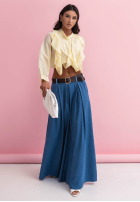 din material textil Pantaloni wide leg z paskiem Amelia ciemnoniebieskie