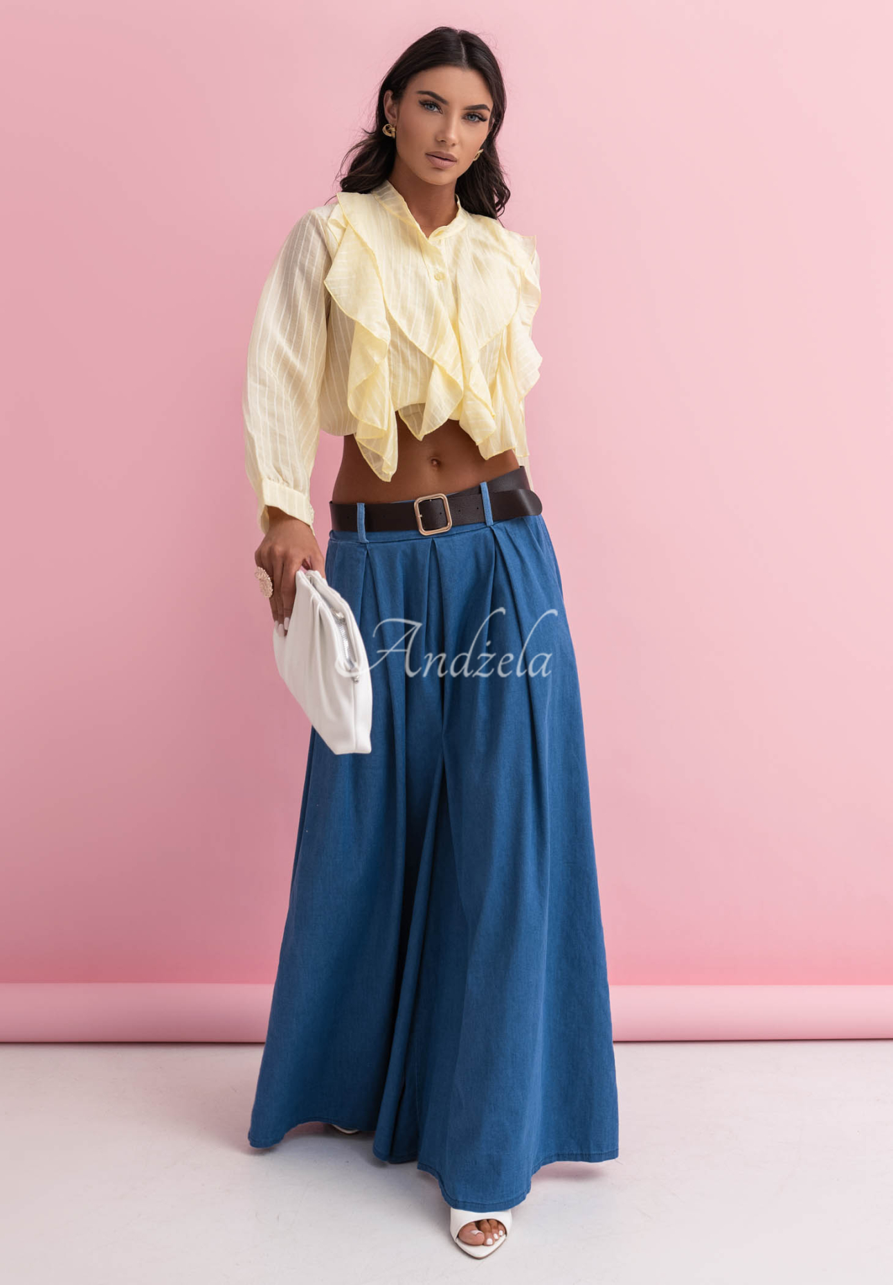 Pantaloni wide leg din bumbac cu curea Amelia