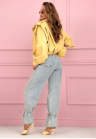 Pantaloni din denim mom fit z wiązaniem Annora albastru deschis